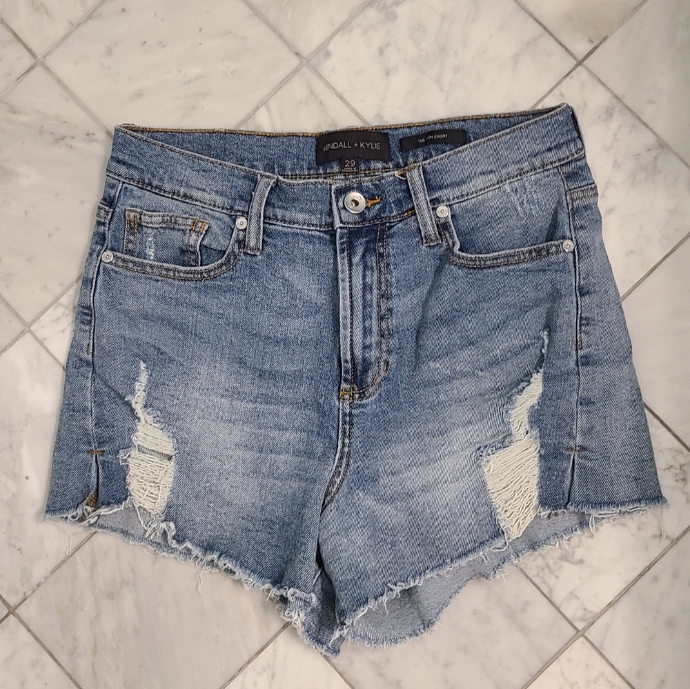 Kendall + Kylie The Icon Distressed Denim Jean Shorts High Waist Blue 29